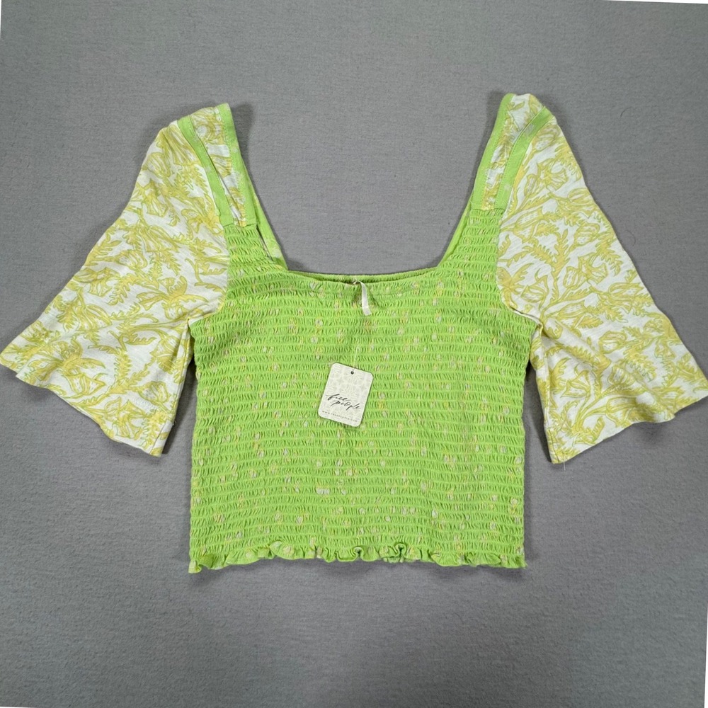 Free People Womens Top Slim Lime Green NWT Smocked Floral Bell Sleeve S